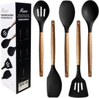 Kitchen Utensils Set, Silicone Cooking Utensils Set,Non-Stick Silicone Spatula Set with Natural Acacia Hard Wood Handle, 5 Piece, Upgraded Thickened Cookware