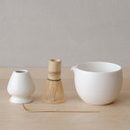 Matcha Whisk Set, Ceramic Matcha Bowl & Whisk Holder, Bamboo Accessory, Modern Design (White, Pouring Spout)