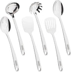 Viking Kitchen Utensils Set, 6 Piece Stainless Steel Cooking Utensil Set, Includes Spatulas, Spoons, Pasta Fork, and Deep Ladle, Hollow Forged, Silver