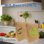 ASSUREPAK DIY Grocery Paper Bags - 200 units - 14"x10"x15.75" - Handle - Kraft Color - 74LB (110 GSM strong) - Recyclable Food & Supermarket Bags for Decorating & Branding - 141016NKPAPTHDL