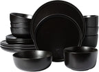 Gibson Elite James Street Stoneware Matte Reactive Double Bowl Dinnerware Set - Pepper Black, Service for 4 (16pcs)
