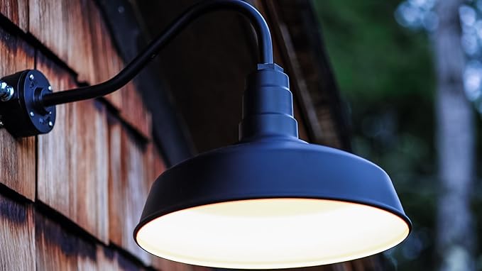 Steel Lighting Co. Gardena Barn Light | Outdoor Wall Mounted | 16" Dome | Upslope Gooseneck | Farmhouse Light Made in America | Matte Black Exterior/White Interior