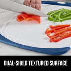GORILLA GRIP BPA-Free Reversible Kitchen Cutting Board Set of 3, US Designed, Nonporous, Juice Grooves Catch Liquid, Slip Resistant Border, Dishwasher Safe Large Food Chopping Boards, Red Blue Green