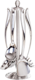 18/10 Stainless Steel Cooking Utensils Set with Holder, 7-Pieces All Metal Kitchen Utensils, 15’’ Long Kitchen Tools with Countertop Rotating Stand, Spatula, Ladle, Skimmer, Tunner, Pasta, Large Spoon