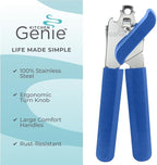 Kitchen Genie Slip Resistant Stainless Steel Manual Can Opener, Sharp Blade for Smooth Edge Cuts, Easily Open Cans, Ergonomic Handles with Easy to Turn Knob, Built-In Bottle Openers, Cobalt Blue