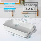 Qlans Casserole Dish, 9x13 Ceramic Baking Dish, Large Lasagna Pan Deep for Oven, 4.2 Quarts Baking Pan with Handles, For baking cake in the kitchen,Mother's Day Gifts, White