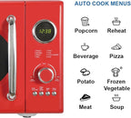 Emerson MWRG0901RD Retro Compact Countertop 800W Microwave Oven with 1,000W Grill Function, LED Display 5 Power Levels, 8 Auto Menus, Glass Turntable and Child Safe Lock, 0.9 Cu. Ft, Red
