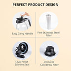 Cold Brew Coffee Maker 64OZ Marson Jars Wide Mouth Glass Picther Spout Lid with Stainless Steel Filter,Leakproof Maker for Iced Tea,Espresso,Lemonade-Black