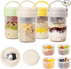 4 Pack Overnight Oats Containers with Lids and Handles, Folding Spoons & Divided Compartments for Fruit & Nuts, 16oz Glass Mason Jars for Oatmeal, Meal Prep & Breakfast (Blue/Green/Yellow/Green)