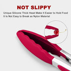 Premium Stainless Steel Food Tongs, 9-Inch & 12-Inch Wine Red Silicone BPA Free Non-Stick BBQ Cooking Grilling Locking Kitchen Tong