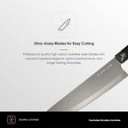DURA LIVING Santoku Knife - 7 Inch Black Nonstick Titanium Plated Stainless Steel Ultra Sharp Blade, With Ergonomic Comfort Grip Handle Asian Chef's Knife, With Matching Sheath