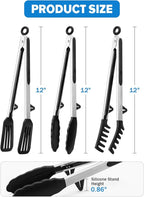 Kitchen Tongs for Cooking, 12 Inch Non Scratch Silicone Tip for Nonstick Cooking Pans, Food Grade Mini Serving Tongs, Pull Lock, Set of 3, Black