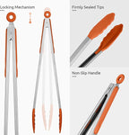 600ºF Heat Resistant Kitchen Tongs: U-Taste 16 inch Extra Long Large Silicone Cooking Tong with Sturdy Non Stick Rubber Tips & Non Slip Silicon Coated 18/8 Stainless Steel Handle for Grill BBQ(Orange)