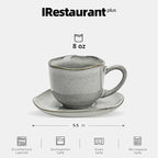 Organic Shape Restaurant 8oz Coffee Cup and Saucer, Commerical Grade Catering Stoneware Cups and Saucers in Ir-regular Organic Shape, Chip & Scratch Resistant, Glossy Reactive Glaze Grey, Case of 24