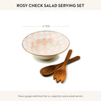 MACKENZIE-CHILDS Enamel Salad Serving Set, Enamel Bowl and Wooden Salad Servers, Decorative Kitchen Set, Pink-and-White Rosy Check