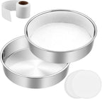 8 Inch Cake Pan Set of 2, E-Far Stainless Steel Round Layer Cake Baking Pans with Parchment Rounds & Side Liner Roll, Non-Toxic & Healthy Metal Cakes Tin, Straight Side & Dishwasher Safe