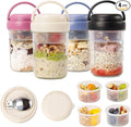 4 Pack Overnight Oats Containers with Lids and Handles, Folding Spoons & Divided Compartments for Fruit & Nuts, 16oz Glass Mason Jars for Oatmeal, Meal Prep & Breakfast (Black/Deep-Blue/Cream/Purple)