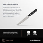 DURA LIVING Premium 8-Piece Steak Knife Set – Sharp Serrated Blades, Forged High Carbon Stainless Steel, Full Tang, Ergonomic Handle, Elegant Black Finish – Ideal for Dining & Entertaining