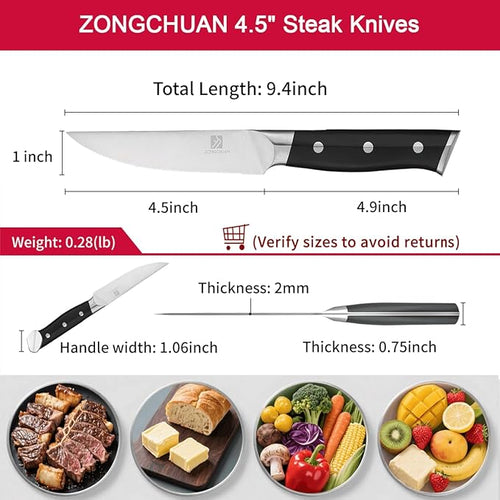 4.5 Inch Steak Knives Set of 6, Micro-Cutting Point Serrated Edge, Very Sharp Steak Knife, Dishwasher Safe, 50CR15MOV Stainless Steel, Handle Ergonomic And Full Tang Design With Gift Box