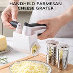 Cheese grater with handle, rotary cheese grater with 3 stainless steel Drums and 2 cheese tools and cleaning brush, ergonomically designed, can be used to grate Parmesan cheese, chocolate, nuts, etc