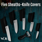 Vos Ceramic Knife with Peeler, Knives Set For Kitchen, Ultra Sharp Kitchen Knife Set with Covers, 4" 5" 6" 7" 8" Paring, Chef Knife, Santoku & 2 more, Lightweight, Dishwasher safe (Black)