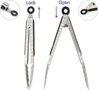 304 Stainless Steel Kitchen Cooking Tongs, 9" and 12" Set of 4 Sturdy Grilling Barbeque Brushed Locking Food Tongs with Ergonomic Grip, Black