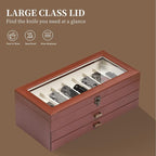 AUTOARK 3-Tier PU Leather & Velvet Knife Organizer with 26 Slots,Transparent Glass Top & Drawer,Compact Storage for Pocket Knives,Ideal for Men's Collections & Gifts,Brown,MKAW018