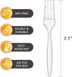 400 Count Plastic Forks Heavy Duty, Clear, BPA-Free, Heat Resistant, Solid and Durable Disposable Forks Bulk, Premium Plastic Forks heavy duty for Party Supply