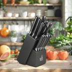 CHUSHIJI knife set with block and Sharpener, 15-Piece Premium Knife Block Set,Anti-slip Handle,Kitchen knife set with Built-in Sharpener,Gift Box Included, Grey