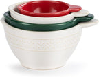 DEMDACO Baking Holiday Memories Red, Green, White Glossy Ceramic Stoneware Festive Christmas Kitchen Countertop Accessory Décor, Embossed Detail, Christmas Measuring Cups, Set of 4
