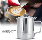 Milk Frothing Pitcher, Stainless Steel Coffee Cup Mug Milk Frothing Pitcher Jug with Lid and Handle Cappuccino Latte Coffee Art for Home Office Kitchen Coffee Shop, Silver(600ml)