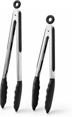 Doosu Kitchen Tongs for Cooking - 600°F Heat Resistant Food Tong Set with Non-Scratch Silicone Tips, Heavy Duty Stainless Steel Locking Tong for BBQ, Grilling Steak, Serving Salad (9+12in, Black)