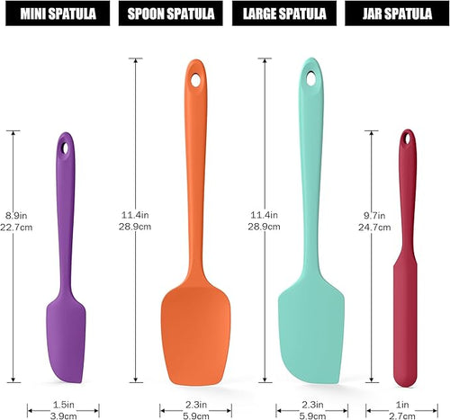 4-Piece Silicone Spatula Scrapers: Doosu 600°F Heat Resistant Food Grade Kitchen BPA Free Rubber Baking Cooking Tool Nonstick Utensil Set for Mixing, Scraping, Folding, Stirring, Serving (Multi-4)