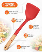 Silicone Wok Spatula Turner Set, Perfect for Scooping, Flipping, Lifting Pancakes and Picking up Veggies, BPA-Free Matte Silicone, Wooden Handles, Safe for Nonstick Cooking Surfaces (Red)