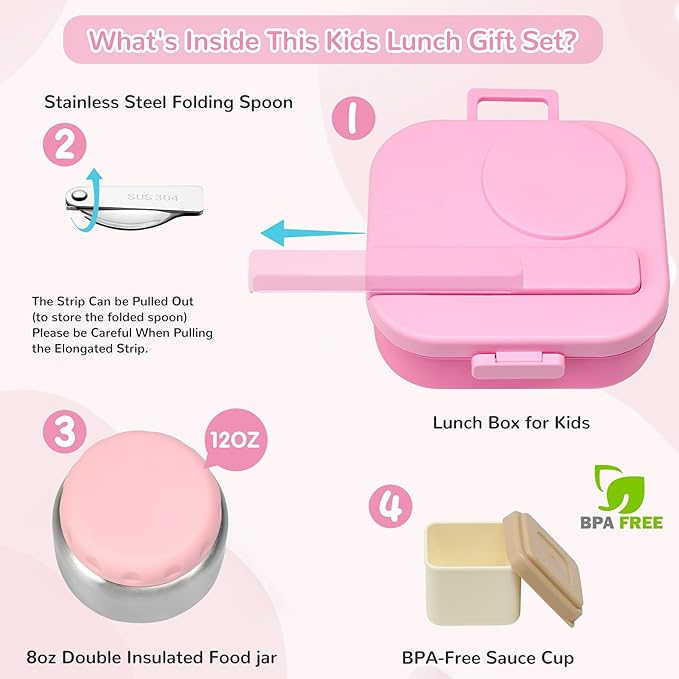 Bento Lunch Box for Kids with 12oz Soup Thermo,4 Compartments Lunch Box Containers Kids, Includes Foldable Spoon &Sauce Jar, BPA Free&Leak proof,Insulated Food Jar for Travel,School (Pink)