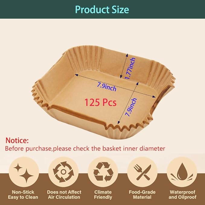 parchment paper for air fryer, 7.9inch square air fryer liners disposable,125PCS Non-stick parchment paper sheets for 5-8QT airfryer liners, Baking, Roasting Microwave