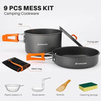 Odoland 9pcs Camping Cookware Non-Stick Lightweight Pots and Pans Set with Plastic Bowls Soup Spoon for Backpacking, Outdoor Cooking and Picnic