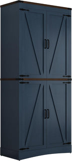 71in Farmhouse Kitchen Pantry Cabinet,Tall Storage Cabinet with 4 Doors and Adjustable shelves,with Load-Bearing Steel Pipe,Wood Storage Cabinets for Kitchen,Dining Room,Bathroom(Rustic Blue)