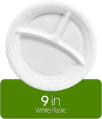 PLASTICPRO 9 inch Round Plastic Plates 3 Compartment - 3 Section Plates Microwaveable, Disposable, White, Dinnerware 200 Count