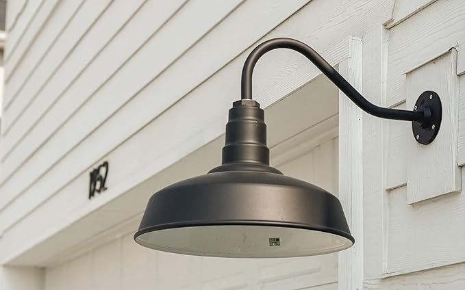 Steel Lighting Co. Gardena Barn Light | Outdoor Wall Mounted | 16" Dome | Upslope Gooseneck | Farmhouse Light Made in America | Dark Bronze Exterior/White Interior