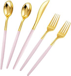 Rubtlamp 90Pcs Gold Plastic Silverware, Thanksgiving Gold Utensils Set With Pink Handles Include 30 Gold Knives, 60Plastic Forks and Spoons, Pink Silverware Heavy Duty For Thanksgiving