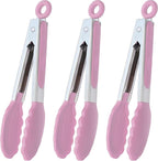Small Serving Tongs with Silicone Tips 7-Inch Mini Tongs, Set of 3 (Pink)