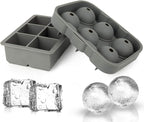 Ticent Ice Cube Trays Set of 2-Silicone Sphere Ice Ball Maker with Lid & Large Square Ice Molds for Whiskey, Cocktail & Brandy (Grey)