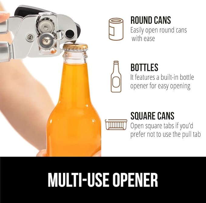 GORILLA GRIP Heavy Duty Stainless Steel Smooth Edge Manual Can Opener and Bottle Openers, Soft Comfortable Handle, Oversized Handheld Turn Knob, US Designed Multifunctional Kitchen Tool, Black