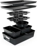 NutriChef 8-Piece Stackable Nonstick Bakeware Set - Premium Steel Baking Pans Set - Includes Round Cake Pan, 6-Cup Muffin Pans, Wide/Square Brownie & Loaf Pans, Cookie Sheet, & Roaster Pan (Black)