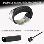 Angel's Peel Lounge Stainless Steel Garlic Press Rocker Set with Silicone Garlic Peeler & Cleaning Brush – Garlic Chopper, Mincer, Grater, Crusher – Easy for Crushed Cloves – Rust-Resistant, Black