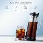 BrewMOO- Airtight Cold Brew Coffee Maker Pitcher, 1.4L/48Oz Thick Glass Carafe with Filter, Comfort Sturdy Handle & Wide Spout, Non-Slip Base | Iced Tea Maker (Black)