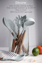 Country Kitchen Non Stick Silicone Utensil Set with Rounded Wood Handles for Cooking and Baking, 8 Piece Set, White