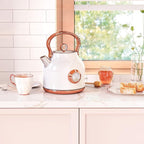 Retro Electric Kettle, 1.7L Stainless Steel Tea Kettle with Large Temperature Gauge, 1500W Fast Heating Hot Water Boiler with LED Indicator, Auto Shut-off & Boil-Dry Protection-Reteo White