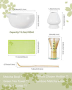 ZENS Matcha Whisk Set, 5pcs Matcha Kit Set Includes Ceramic Bowl, Bamboo Whisk and Chasen Holder, Scoop & Tea Mat，Matcha Tea ceremony Gift for Matcha Lovers, White